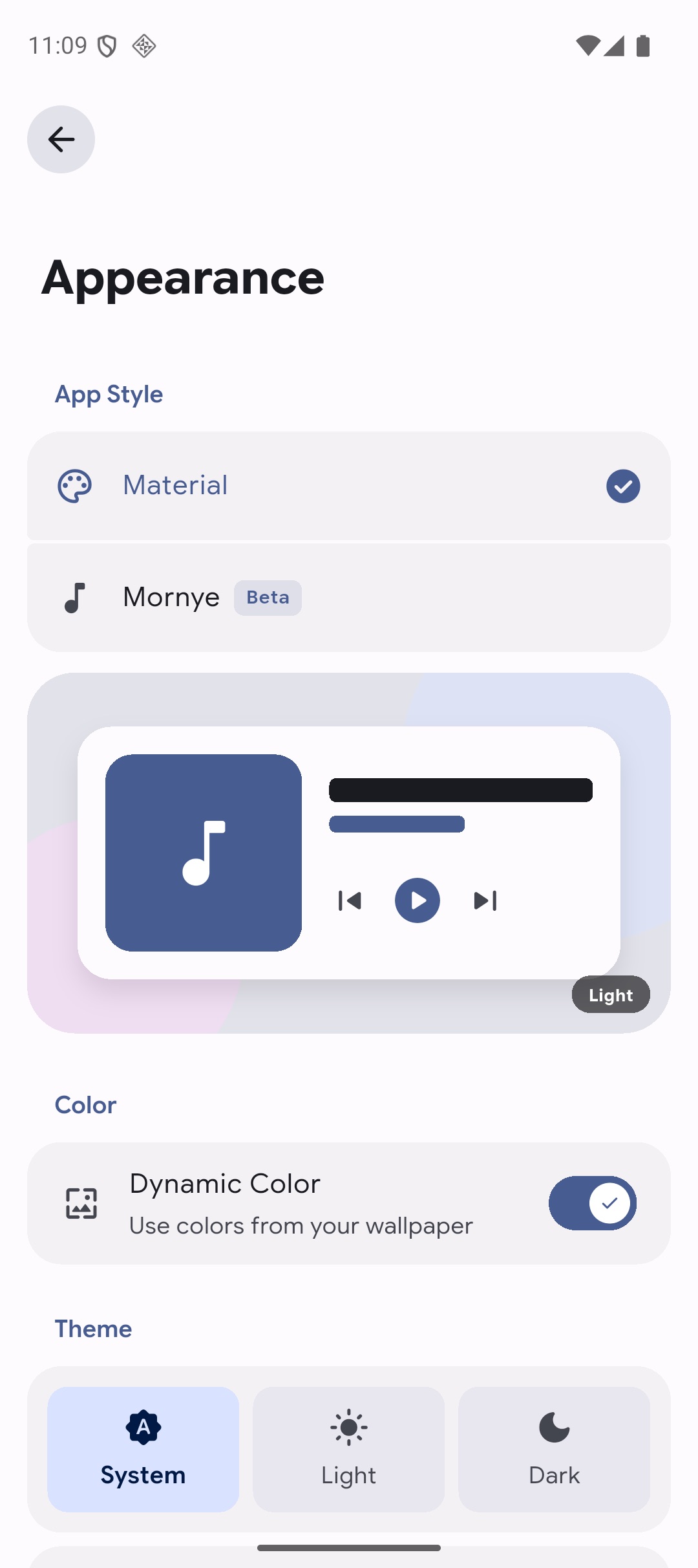 Appearance settings screen