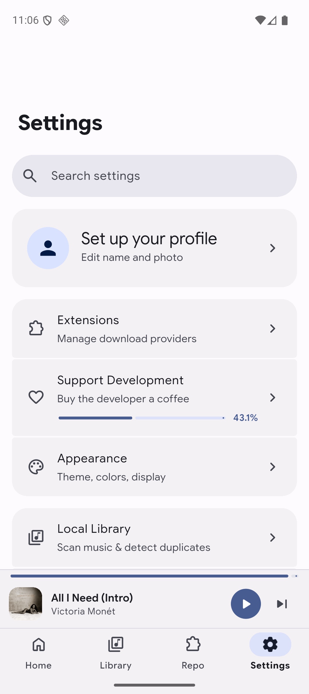 Settings screen with grouped options