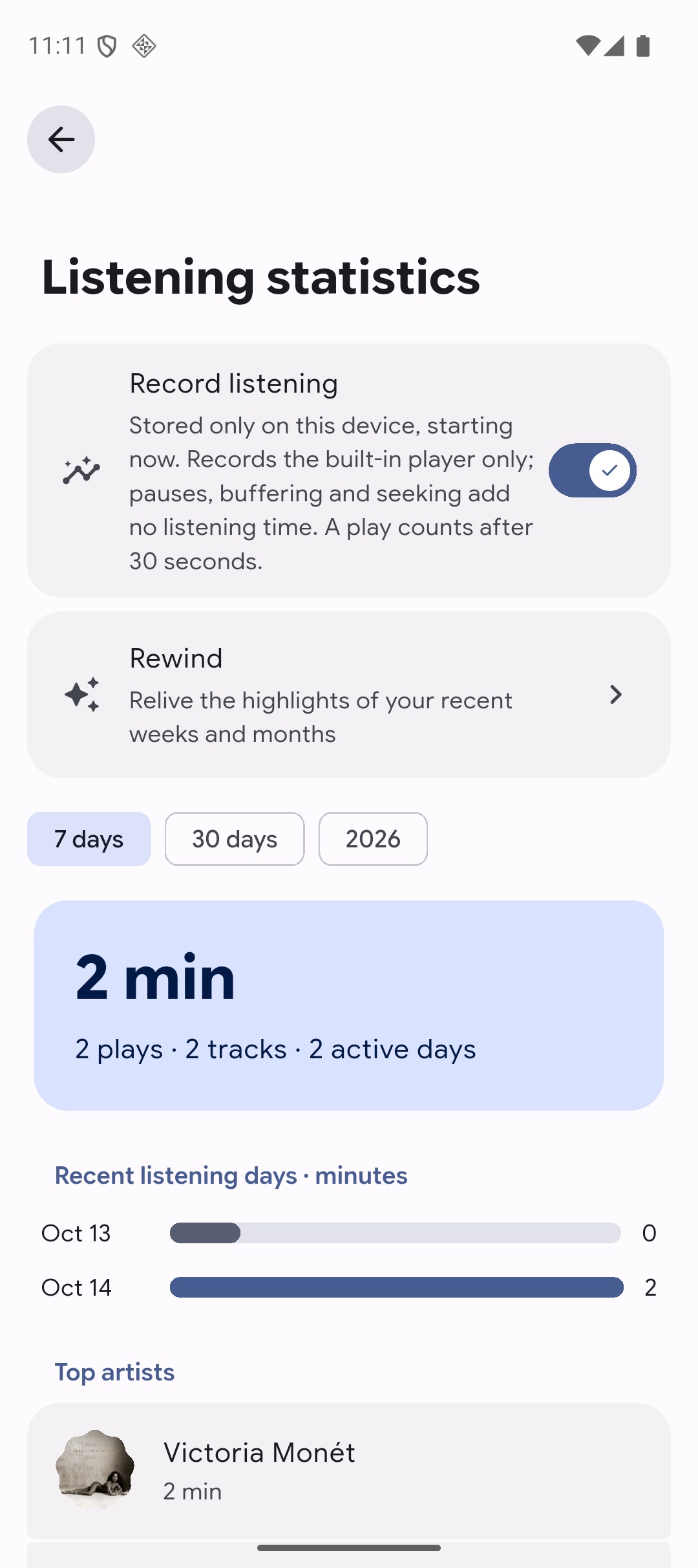 Listening statistics screen