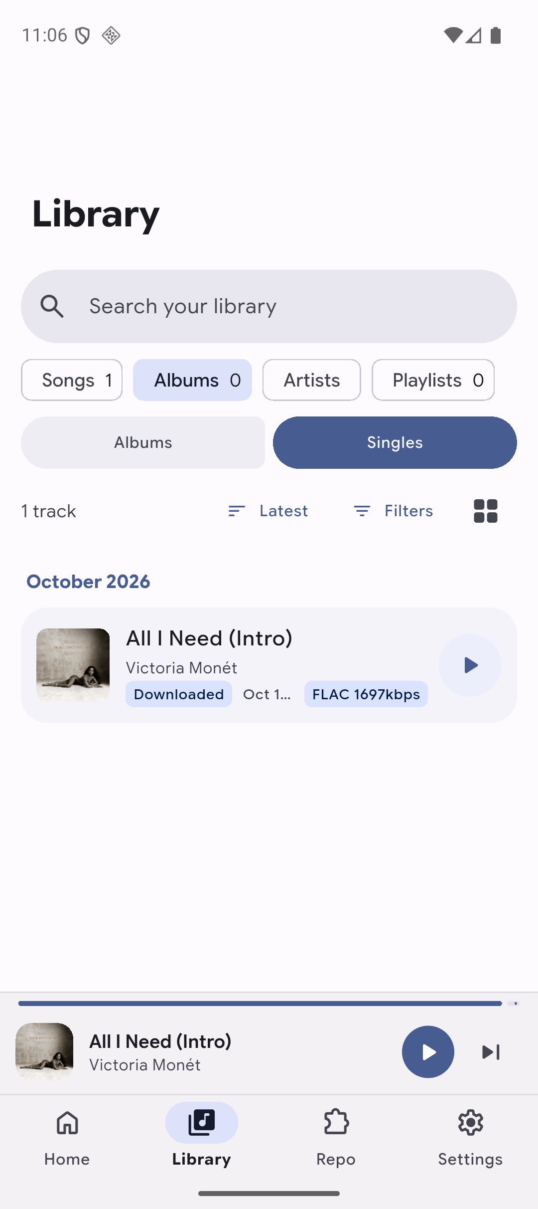 Library screen with Albums and Singles segmented buttons