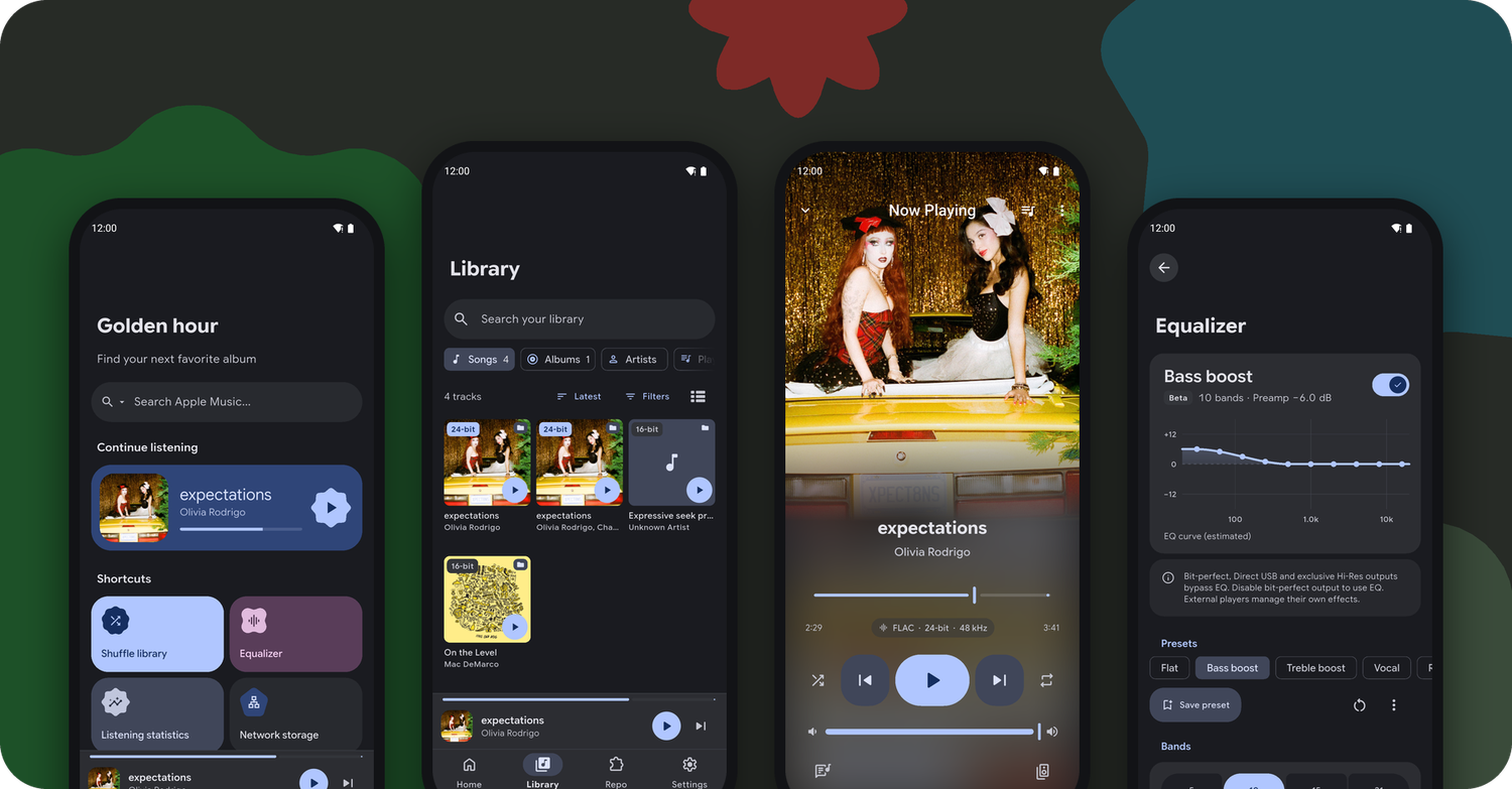 Mornye 5.2 in dark theme: Home, Library, Now Playing and Equalizer screens