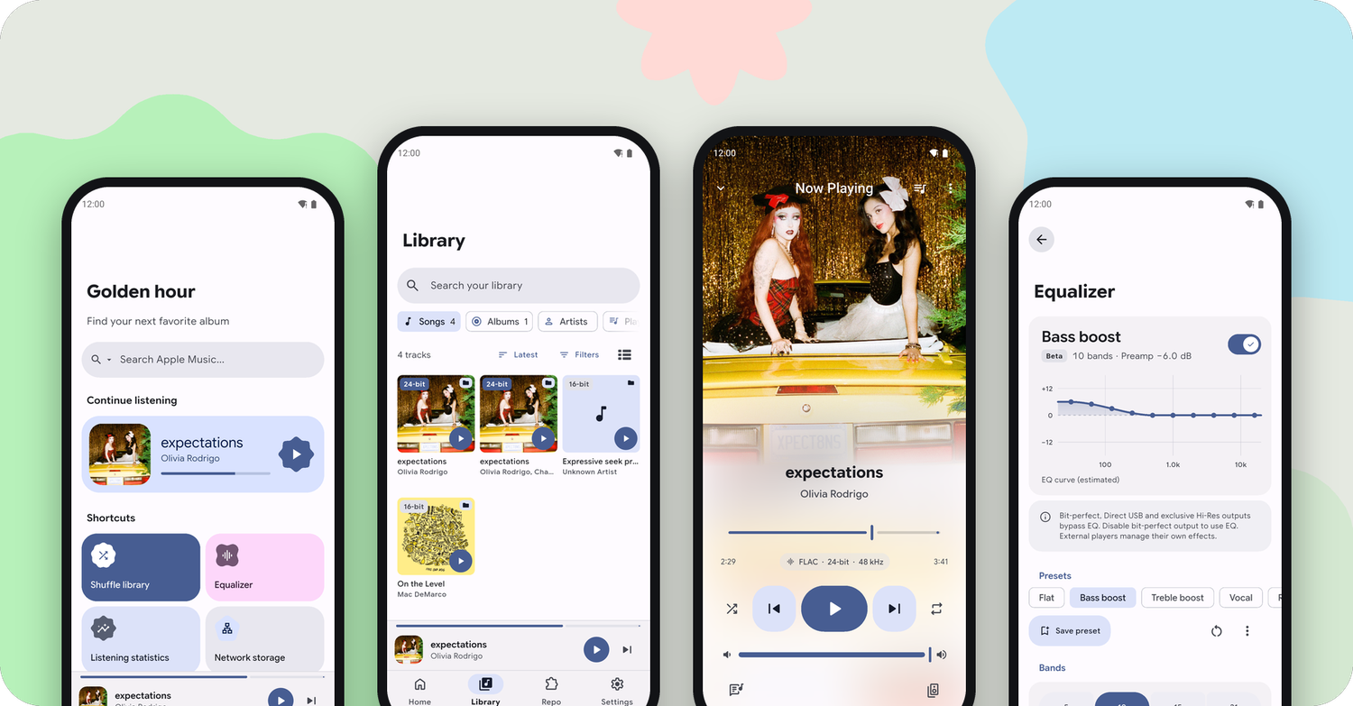 Mornye 5.2 in light theme: Home, Library, Now Playing and Equalizer screens